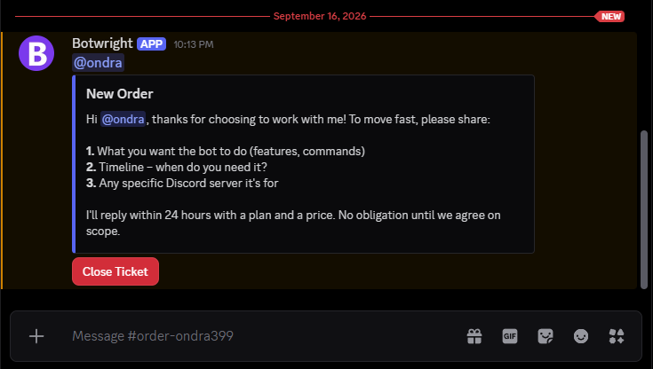 Automatically generated order ticket in Discord